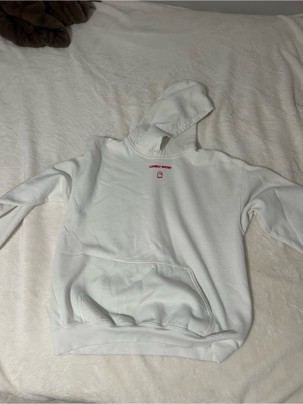 LONELY GHOST White Crewneck Hoodie with Small Red Logo